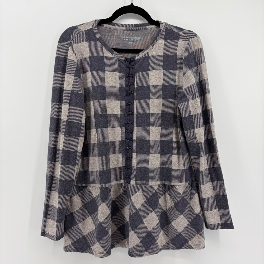 Soft Surroundings Buffalo Plaid Peplum‎ Tunic Top Long Sleeve Women's M